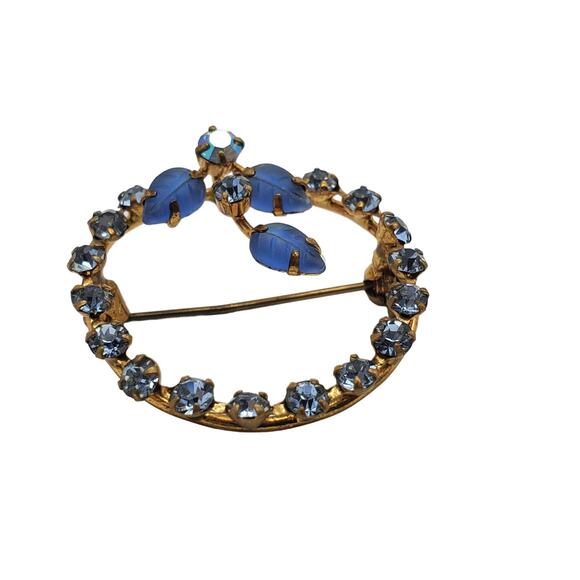 Vintage Blue Rhinestone Circle Brooch & Pendant Frosted Glass Leaves MCM 1960s - Picture 9 of 10